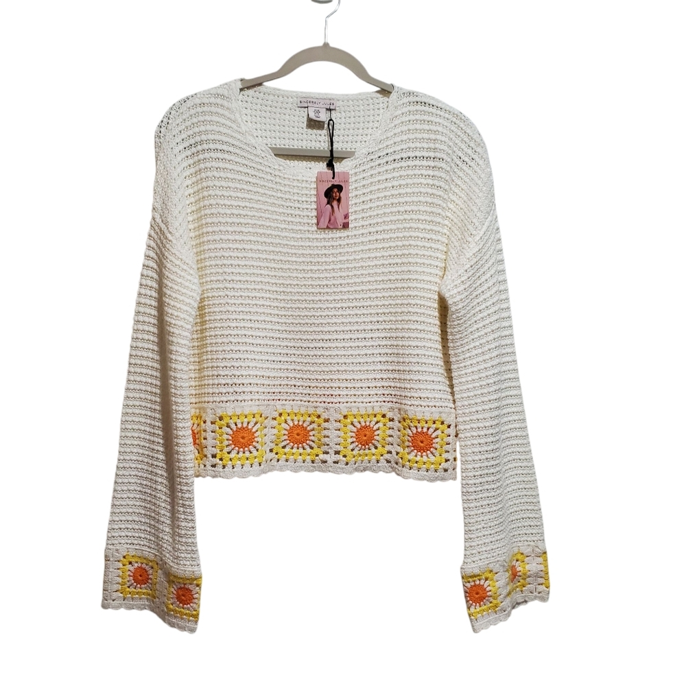 Sincerely Jules White Crochet Sweater Sunflower Granny Square Trim Size M